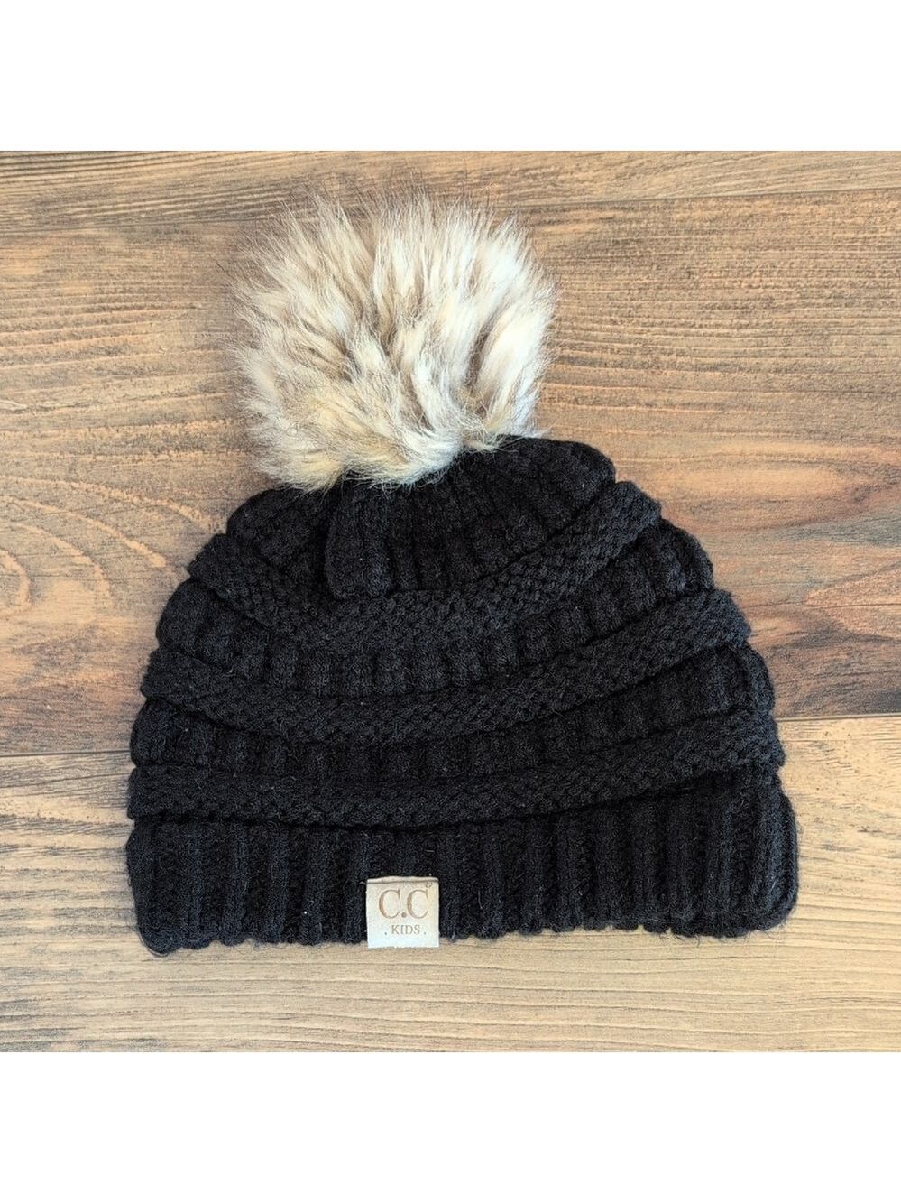 CC Kids Black Knit Beanie with Faux Fur Pom                                 M500